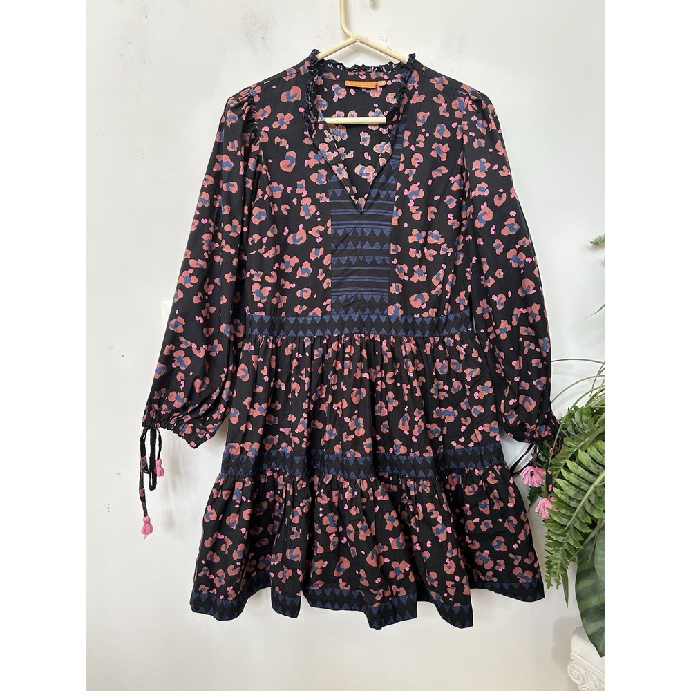 Oliphant Leopard Yoke Mini Dress M Black Pink Cotton Boho Tiered Balloon Sleeve